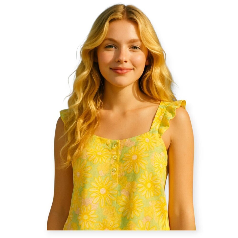 ModCloth Sleeveless Boho Ruffled Floral Cotton Top Yellow Pink Large Summer EUC